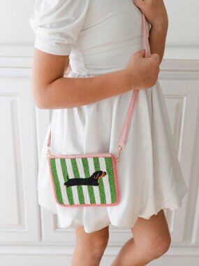 NWT Beaded Dachshund Crossbody Purse Green White Stripe Doxie Dog Bag